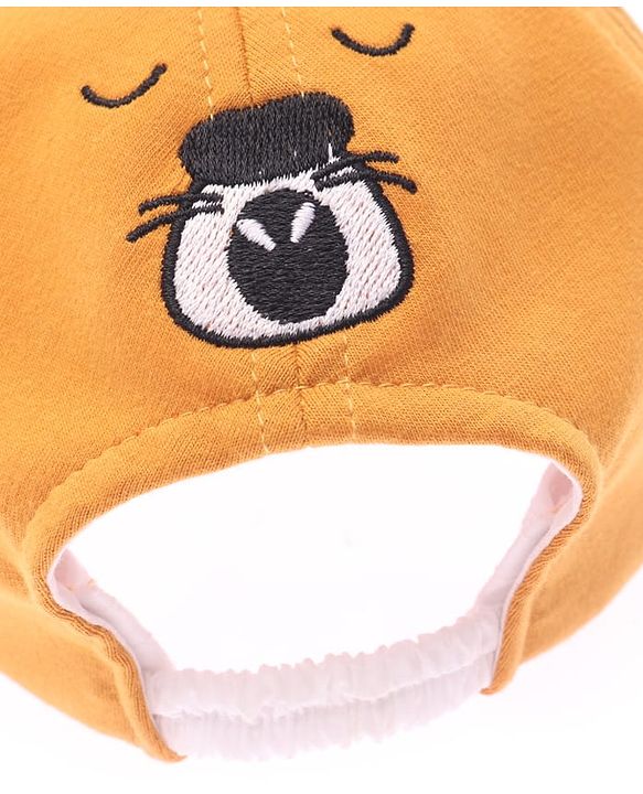 Babyhug Cotton Woven Summer Cap with Ear Text & Bear Embroidery Mustard - Diameter 15 cm