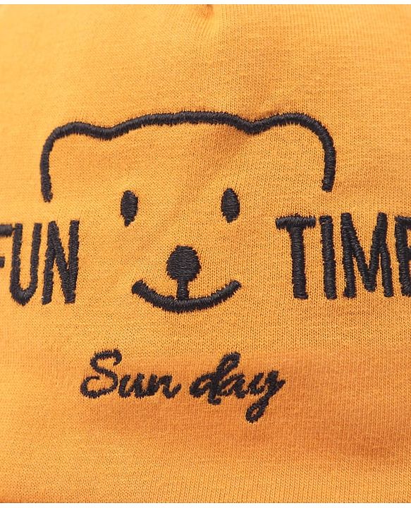 Babyhug Cotton Woven Summer Cap with Ear Text & Bear Embroidery Mustard - Diameter 15 cm