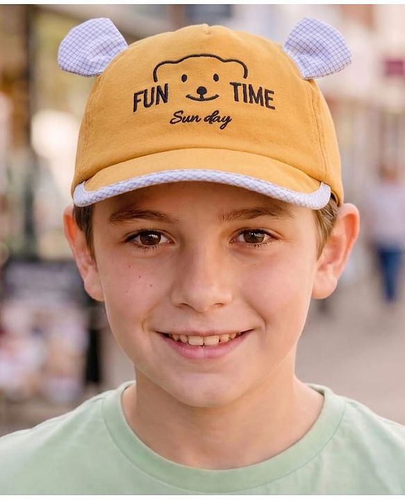 Babyhug Cotton Woven Summer Cap with Ear Text & Bear Embroidery Mustard - Diameter 15 cm