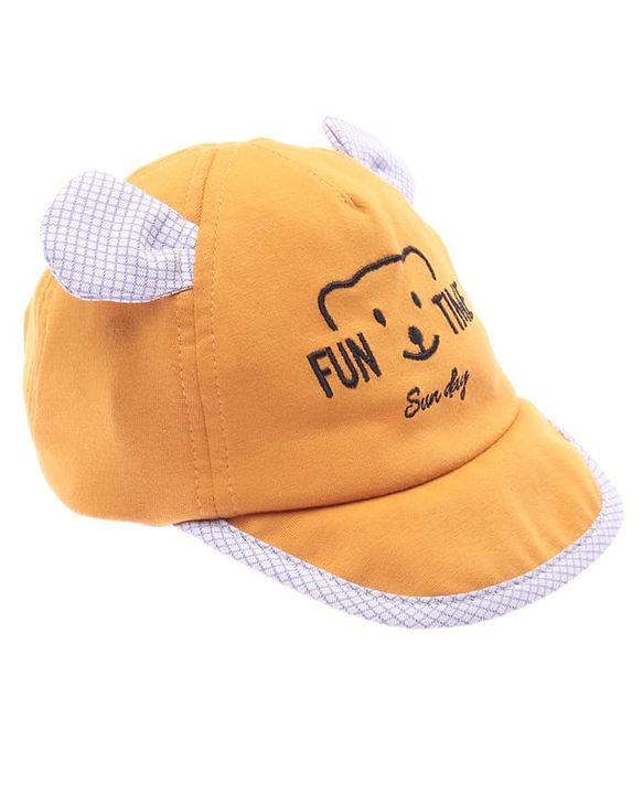 Babyhug Cotton Woven Summer Cap with Ear Text & Bear Embroidery Mustard - Diameter 15 cm