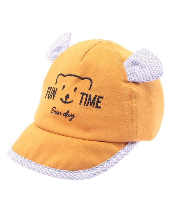 Babyhug Cotton Woven Summer Cap with Ear Text & Bear Embroidery Mustard - Diameter 15 cm