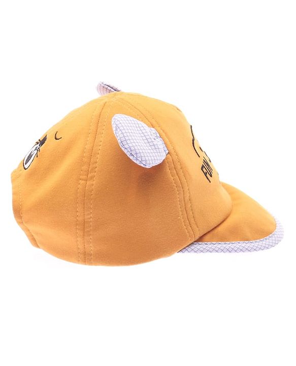 Babyhug Cotton Woven Summer Cap with Ear Text & Bear Embroidery Mustard - Diameter 15 cm