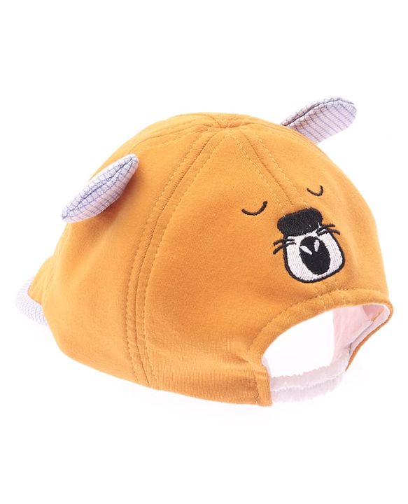 Babyhug Cotton Woven Summer Cap with Ear Text & Bear Embroidery Mustard - Diameter 15 cm
