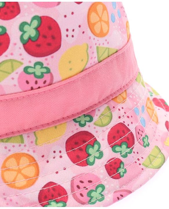 Babyhug Cotton Woven Bucket Hat With Fruit Print Pink - Diameter 14.5 cm