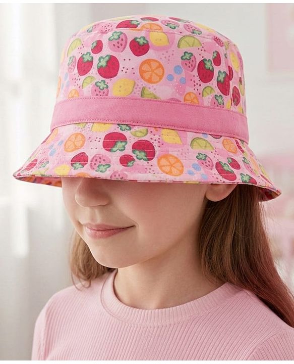 Babyhug Cotton Woven Bucket Hat With Fruit Print Pink - Diameter 14.5 cm