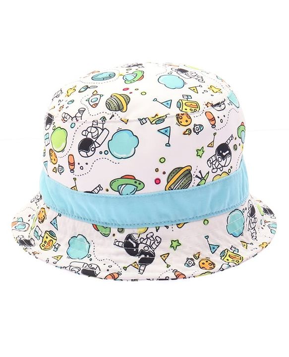 Babyhug Cotton Woven Bucket Hat With Space Theme Print Multicolor - Diameter 14.5 cm