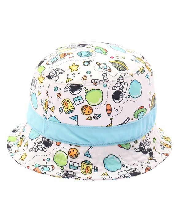 Babyhug Cotton Woven Bucket Hat With Space Theme Print Multicolor - Diameter 14.5 cm