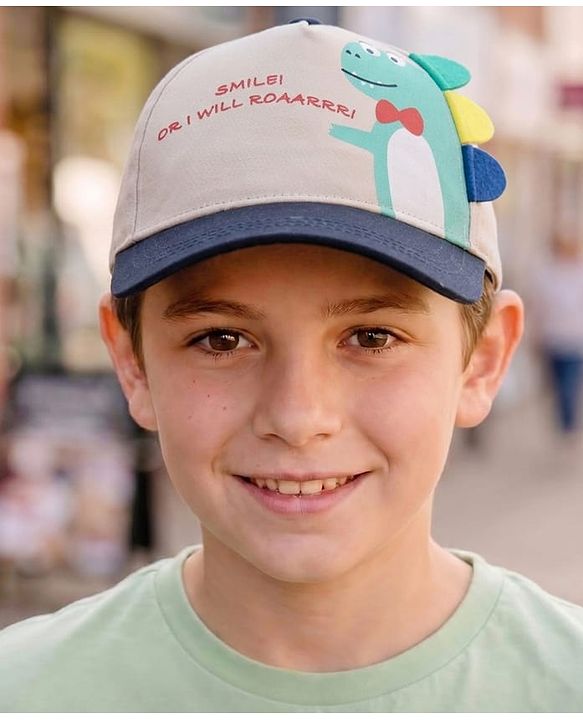 Babyhug Cotton Woven Summer Cap With Dino Print  - Diameter 16 cm