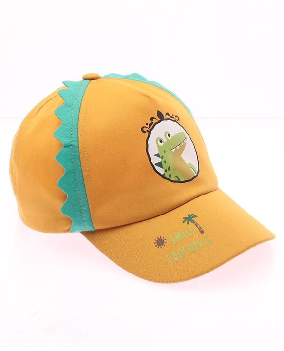 Babyhug Cotton Woven Summer Cap With Smile Crocodile Print Mustard  - Diameter 15.5 cm