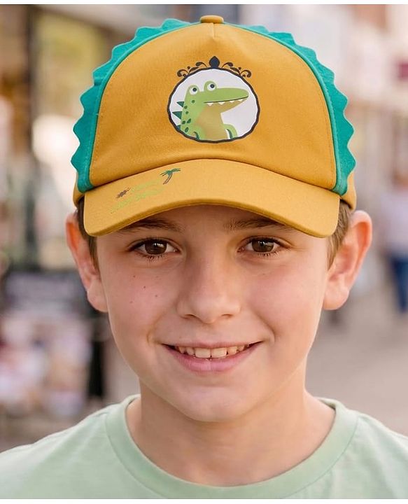 Babyhug Cotton Woven Summer Cap With Smile Crocodile Print Mustard  - Diameter 15.5 cm