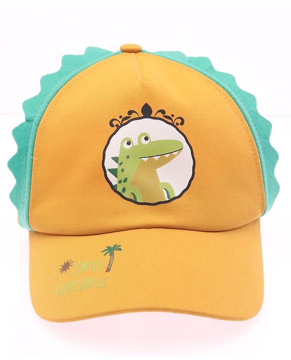 Babyhug Cotton Woven Summer Cap With Smile Crocodile Print Mustard  - Diameter 15.5 cm