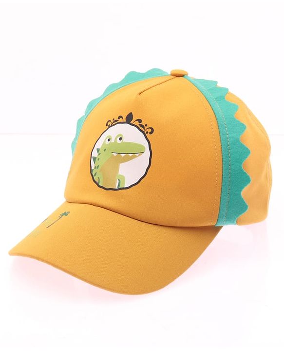 Babyhug Cotton Woven Summer Cap With Smile Crocodile Print Mustard  - Diameter 15.5 cm