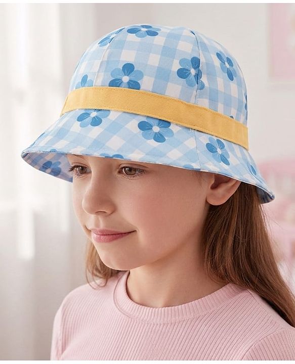 Babyhug Cotton Woven Bucket Hat Checks With Floral Print Blue - Diameter 15 cm