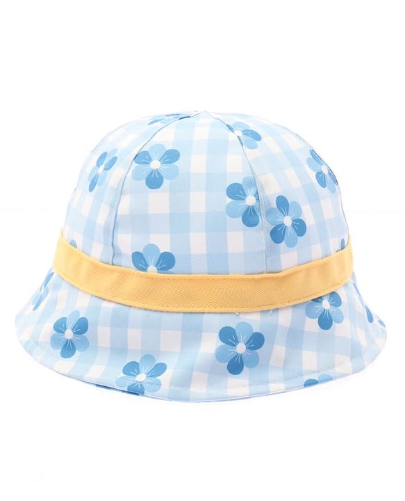 Babyhug Cotton Woven Bucket Hat Checks With Floral Print Blue - Diameter 15 cm
