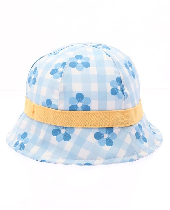 Babyhug Cotton Woven Bucket Hat Checks With Floral Print Blue - Diameter 15 cm