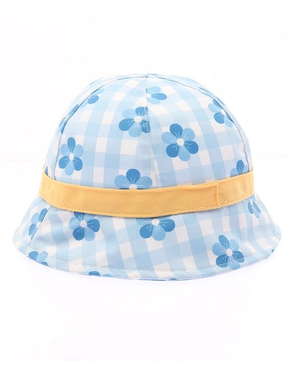 Babyhug Cotton Woven Bucket Hat Checks With Floral Print Blue - Diameter 15 cm