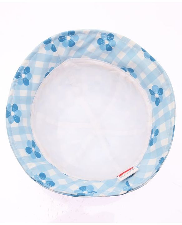 Babyhug Cotton Woven Bucket Hat Checks With Floral Print Blue - Diameter 15 cm