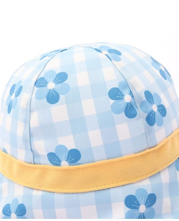 Babyhug Cotton Woven Bucket Hat Checks With Floral Print Blue - Diameter 15 cm