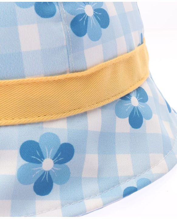 Babyhug Cotton Woven Bucket Hat Checks With Floral Print Blue - Diameter 15 cm
