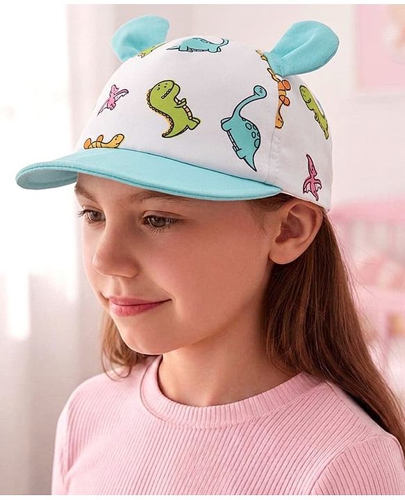 Babyhug Poly Blend Woven Summer Cap With Dino Print & Ear Applique White - Diameter 14.5 cm