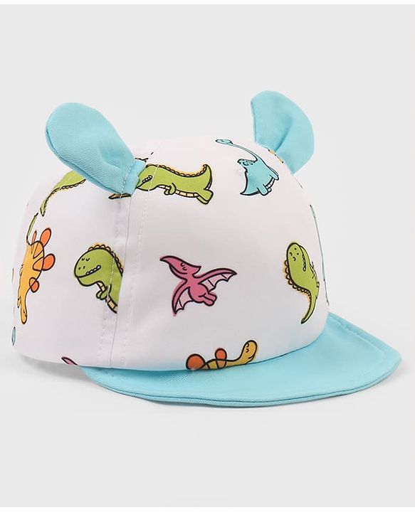 Babyhug Poly Blend Woven Summer Cap With Dino Print & Ear Applique White - Diameter 14.5 cm