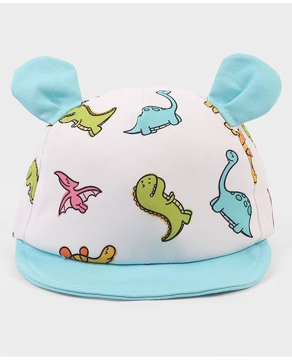 Babyhug Poly Blend Woven Summer Cap With Dino Print & Ear Applique White - Diameter 14.5 cm
