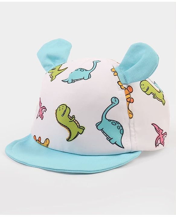 Babyhug Poly Blend Woven Summer Cap With Dino Print & Ear Applique White - Diameter 14.5 cm