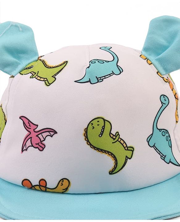 Babyhug Poly Blend Woven Summer Cap With Dino Print & Ear Applique White - Diameter 14.5 cm