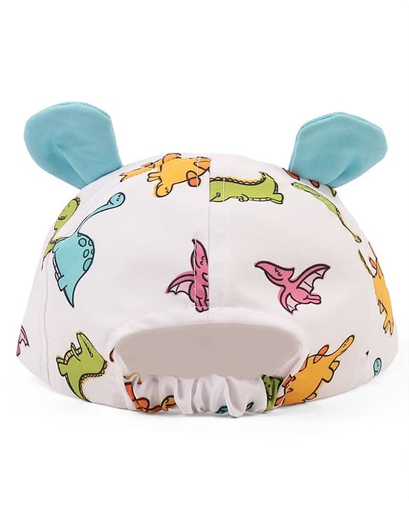 Babyhug Poly Blend Woven Summer Cap With Dino Print & Ear Applique White - Diameter 14.5 cm