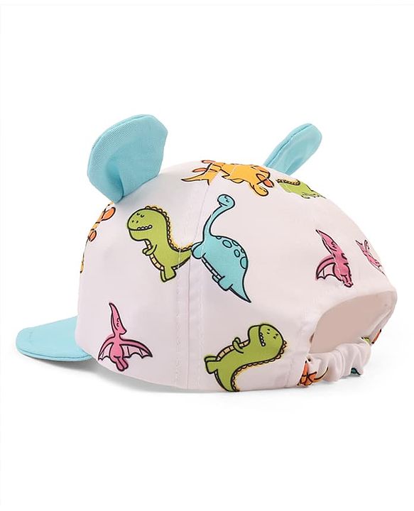 Babyhug Poly Blend Woven Summer Cap With Dino Print & Ear Applique White - Diameter 14.5 cm