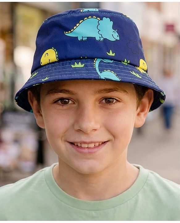 Babyhug Poly Blend Woven Bucket Hat With Dino Print Blue - Diameter 14.5 cm