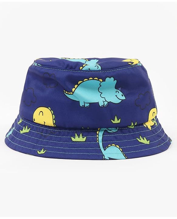Babyhug Poly Blend Woven Bucket Hat With Dino Print Blue - Diameter 14.5 cm