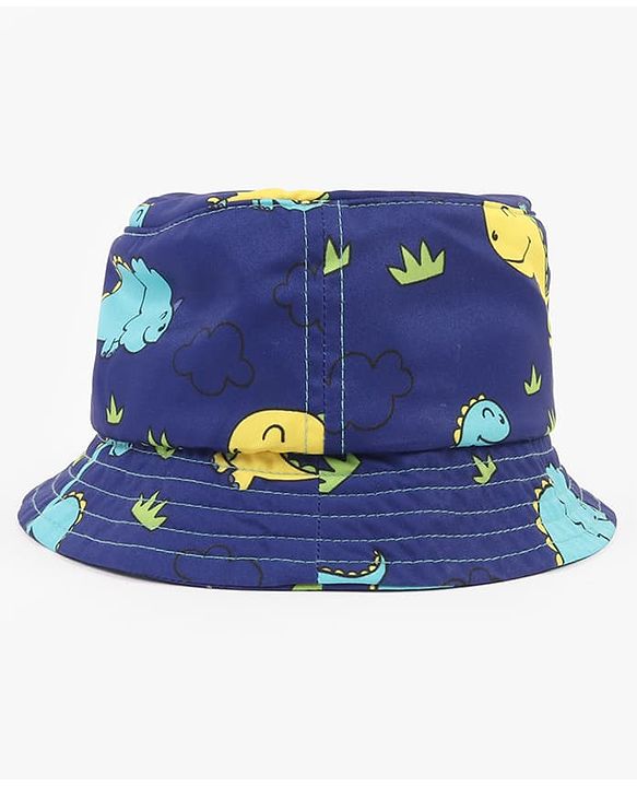 Babyhug Poly Blend Woven Bucket Hat With Dino Print Blue - Diameter 14.5 cm