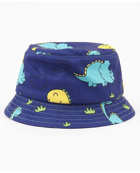 Babyhug Poly Blend Woven Bucket Hat With Dino Print Blue - Diameter 14.5 cm