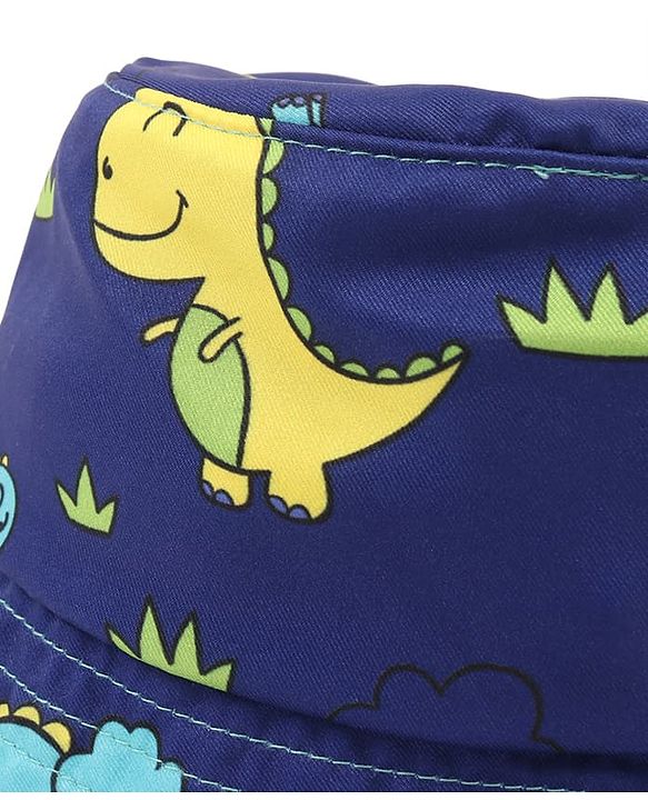 Babyhug Poly Blend Woven Bucket Hat With Dino Print Blue - Diameter 14.5 cm