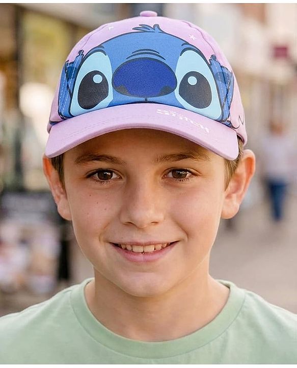 Babyhug Poly Blend Woven Summer Cap Lilo & Stitch Print Lavender -Diameter 15 cm