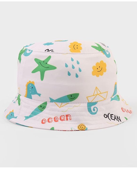 Babyhug Poly Blend Woven Bucket Hat With Ocean Animal Print White - Diameter 15.5 cm