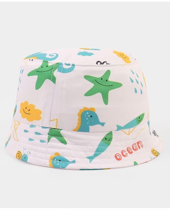 Babyhug Poly Blend Woven Bucket Hat With Ocean Animal Print White - Diameter 15.5 cm