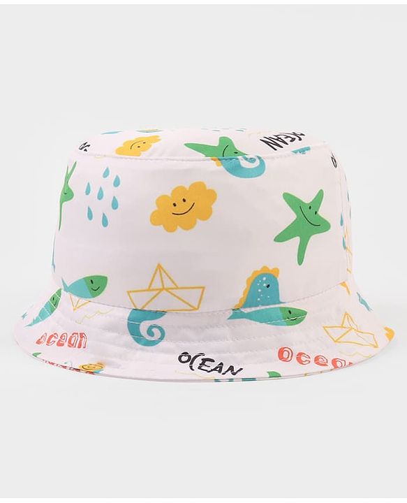 Babyhug Poly Blend Woven Bucket Hat With Ocean Animal Print White - Diameter 15.5 cm