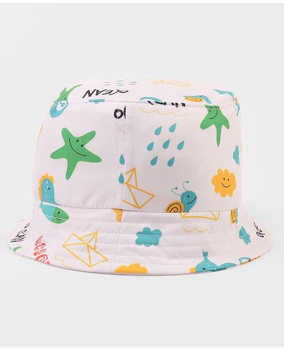 Babyhug Poly Blend Woven Bucket Hat With Ocean Animal Print White - Diameter 15.5 cm