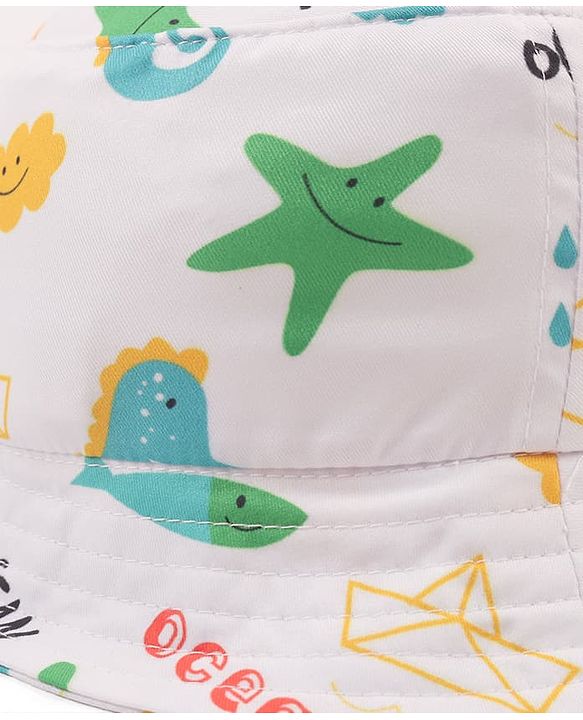 Babyhug Poly Blend Woven Bucket Hat With Ocean Animal Print White - Diameter 15.5 cm