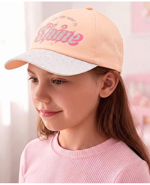 Babyhug Poly Blend Woven Summer Cap With You Are Ment to Shine Print Peach -Diameter 15.5 cm