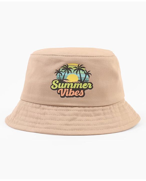 Babyhug  Poly Blend Woven Bucket Hat With Summers Vibe Print Beige - Diameter 15.5 cm