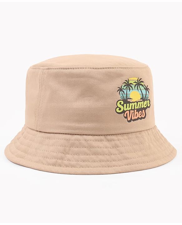 Babyhug  Poly Blend Woven Bucket Hat With Summers Vibe Print Beige - Diameter 15.5 cm