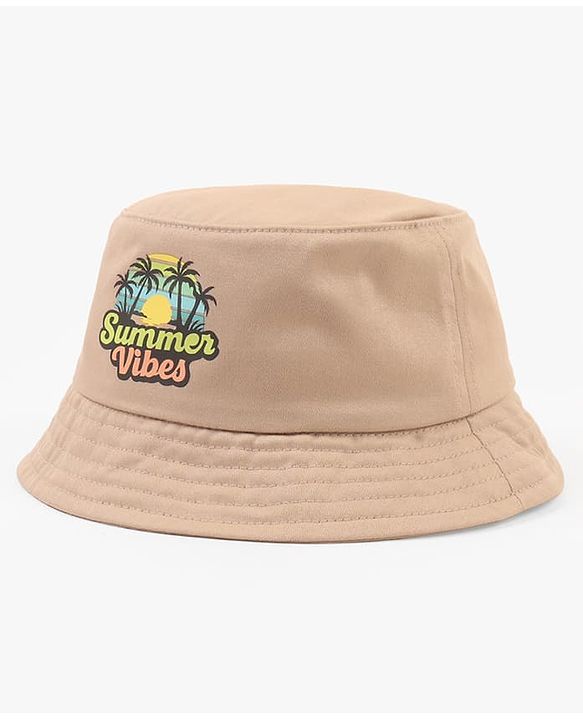 Babyhug  Poly Blend Woven Bucket Hat With Summers Vibe Print Beige - Diameter 15.5 cm