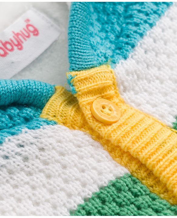 Babyhug Fur- Lined Knit Full Sleeves Striped Front Open Hooded Sweater With Kangaroo Pockets - Light Blue
