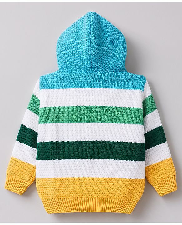 Babyhug Fur- Lined Knit Full Sleeves Striped Front Open Hooded Sweater With Kangaroo Pockets - Light Blue