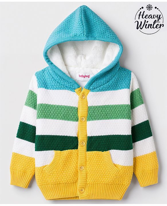 Babyhug Fur- Lined Knit Full Sleeves Striped Front Open Hooded Sweater With Kangaroo Pockets - Light Blue