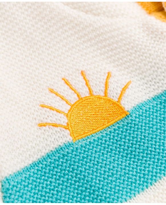 Babyhug Fur- Lined Knit Full Sleeves Front Open Hooded Striped Sweater with Rainbow & Cloud Design - White