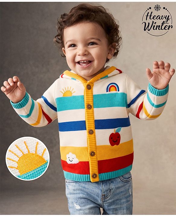 Babyhug Fur- Lined Knit Full Sleeves Front Open Hooded Striped Sweater with Rainbow & Cloud Design - White